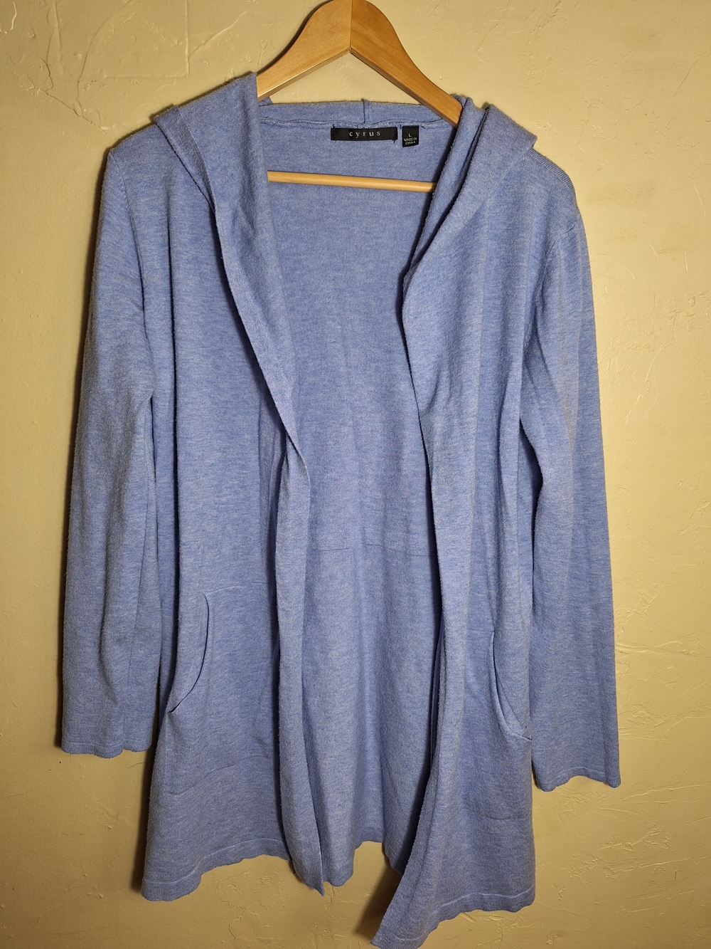 Cyrus Women's Hooded Cardigan Hoodie L Blue Cotton Knit Open Front Pockets